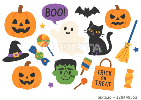 ハロウィンのイラスト素材セット おばけ,かぼちゃ,お菓子 ハロウィンのイラスト素材セット おばけ,かぼちゃ,お菓子 128449552