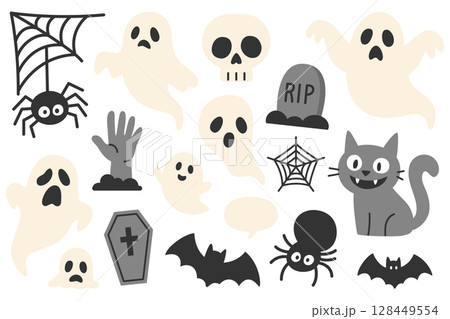 ハロウィンの怖い生き物セット（おばけ、黒猫、コウモリ、蜘蛛） 128449554
