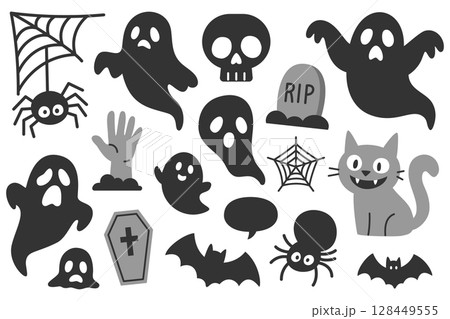 ハロウィンの怖い生き物セット（おばけ、黒猫、コウモリ、蜘蛛） 128449555