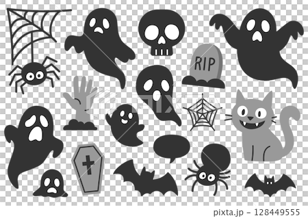 ハロウィンの怖い生き物セット（おばけ、黒猫、コウモリ、蜘蛛） 128449555
