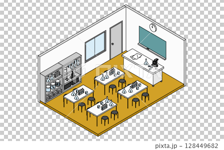 學校科學實驗室的簡單可愛的等距線繪圖例，其中排列著科學實驗設備 128449682