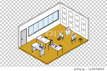 A simple and cute isometric line drawing illustration of a school art room where a geometric drawing class is held A simple and cute isometric line drawing illustration of a school art room where a geometric drawing class is held 128449683