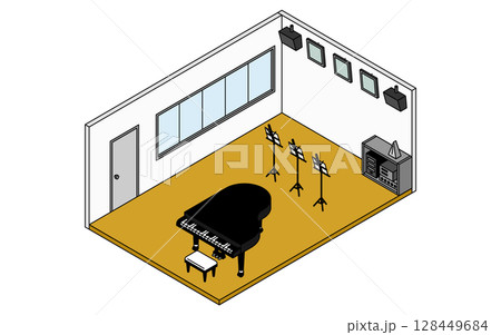 グランドピアノと譜面台の置かれた学校の音楽室のシンプルでかわいいアイソメトリック線画イラスト 128449684