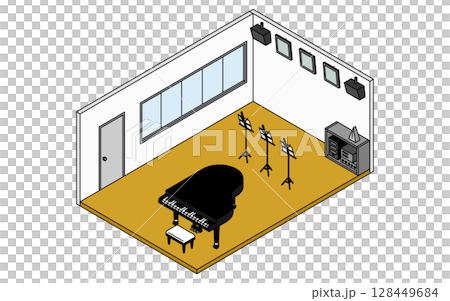 グランドピアノと譜面台の置かれた学校の音楽室のシンプルでかわいいアイソメトリック線画イラスト 128449684