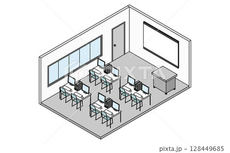 パソコンの並ぶ学校のコンピューター室のシンプルでかわいいアイソメトリック線画イラスト 128449685