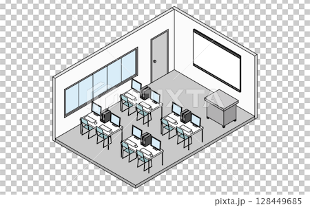 パソコンの並ぶ学校のコンピューター室のシンプルでかわいいアイソメトリック線画イラスト 128449685