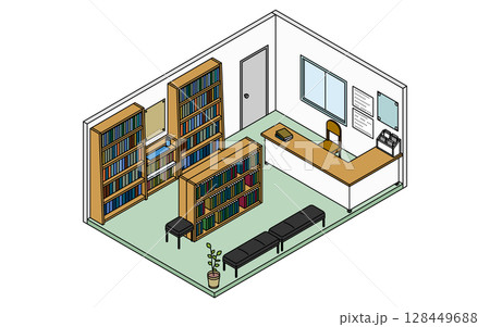 本棚が並ぶ学校の図書室のシンプルでかわいいアイソメトリック線画イラスト 本棚が並ぶ学校の図書室のシンプルでかわいいアイソメトリック線画イラスト 128449688