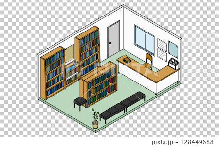 本棚が並ぶ学校の図書室のシンプルでかわいいアイソメトリック線画イラスト 本棚が並ぶ学校の図書室のシンプルでかわいいアイソメトリック線画イラスト 128449688