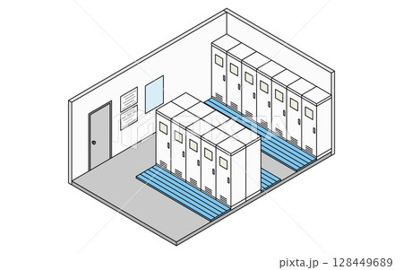ロッカーが並ぶ学校の更衣室のシンプルでかわいいアイソメトリック線画イラスト 128449689