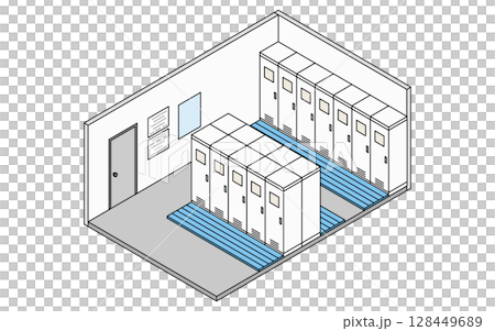 A simple and cute isometric line drawing illustration of a school changing room with lockers 128449689