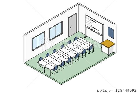 ホワイトボードと会議机が並ぶ学校の会議室のシンプルでかわいいアイソメトリック線画イラスト ホワイトボードと会議机が並ぶ学校の会議室のシンプルでかわいいアイソメトリック線画イラスト 128449692