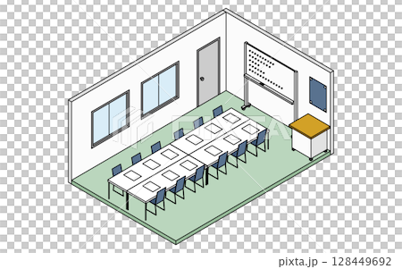 ホワイトボードと会議机が並ぶ学校の会議室のシンプルでかわいいアイソメトリック線画イラスト ホワイトボードと会議机が並ぶ学校の会議室のシンプルでかわいいアイソメトリック線画イラスト 128449692