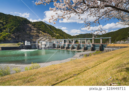 浜松市の船明ダムの桜並木の風景(静岡県) 128449711
