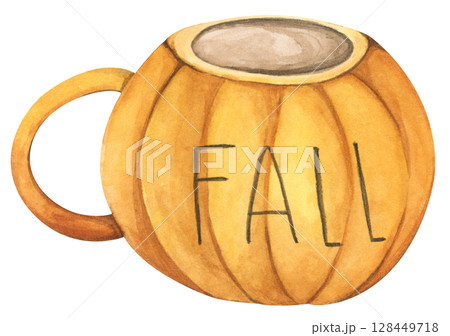 Vintage Autumn Cup. Cute Autumn Mug. Hot Drink with Leaf, Mug, and Fall Vibes. Watercolor Cup of Coffee, Cocoa, and Cozy Lifestyle. Hand Painted Fall Beverages. Vintage Autumn Cup. Cute Autumn Mug. Hot Drink with Leaf, Mug, and Fall Vibes. Watercolor Cup of Coffee, Cocoa, and Cozy Lifestyle. Hand Painted Fall Beverages. 128449718