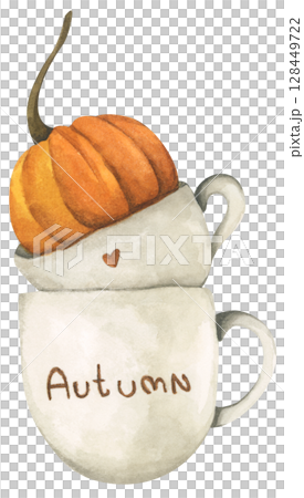 Vintage Autumn Cup. Cute Autumn Mug. Hot Drink with Leaf, Mug, and Fall Vibes. Watercolor Cup of Coffee, Cocoa, and Cozy Lifestyle. Hand Painted Fall Beverages. 128449722