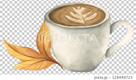 Vintage Autumn Cup. Cute Autumn Mug. Hot Drink with Leaf, Mug, and Fall Vibes. Watercolor Cup of Coffee, Cocoa, and Cozy Lifestyle. Hand Painted Fall Beverages. Vintage Autumn Cup. Cute Autumn Mug. Hot Drink with Leaf, Mug, and Fall Vibes. Watercolor Cup of Coffee, Cocoa, and Cozy Lifestyle. Hand Painted Fall Beverages. 128449723