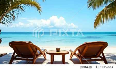 Relaxing chairs on the beach overlooking calm turquoise waters and blue sky with fluffy clouds during a sunny day 128449883