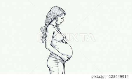 Pregnant woman holding her belly in a calm setting showcasing the beauty of motherhood and anticipation 128449914