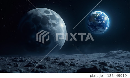 View of Earth from the Moon with a detailed lunar surface and starry background at night 128449919