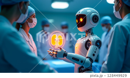 Robot demonstrating kidney anatomy to medical professionals in a high-tech healthcare setting 128449929