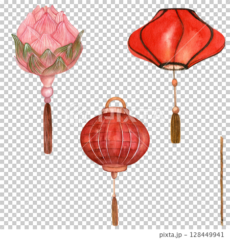 Set of traditional red paper lanterns - lantern in the form of a lotus hanging on a transparent background. Hand drawn. Watercolor illustrations for design of cards, posters and templates  128449941