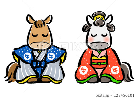 和装で新年のあいさつをする干支の馬（午）の男女 128450101