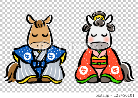 和装で新年のあいさつをする干支の馬（午）の男女 128450101