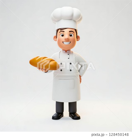 Cartoon chef character smiles while holding a loaf of bread against a plain background 128450148