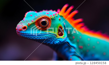 Colorful gecko with vibrant patterns resting on a branch in a tropical setting during daylight 128450158