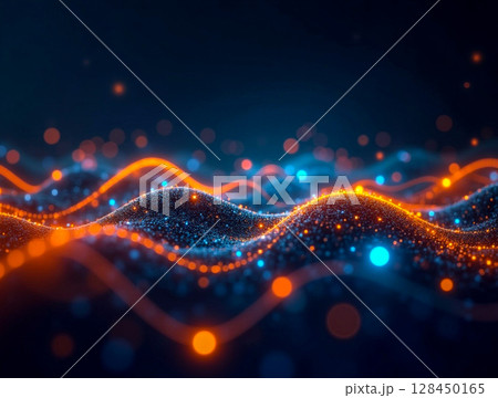 Colorful abstract representation of waves with glowing particles in a dark background 128450165