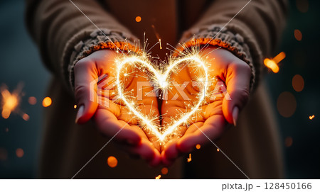 Sparkling heart shape created by hand-held sparklers in a cozy outdoor setting at night during a celebration 128450166