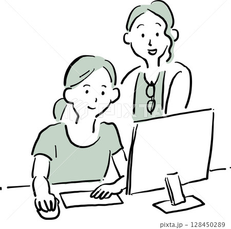 パソコン作業中の女性とサポートする女性のイラスト 128450289