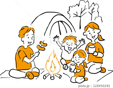 焚き火を囲んでキャンプを楽しむ家族のイラスト 焚き火を囲んでキャンプを楽しむ家族のイラスト 128450292