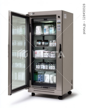 A vet fridge shows an array of pet vaccines inside, with the door slightly ajar, indicating readiness for use in a veterinary care setting. 128450328