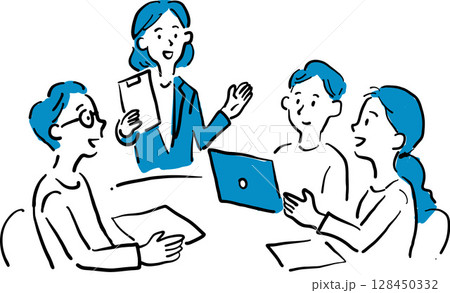 ビジネス会議をする男女グループのイラスト ビジネス会議をする男女グループのイラスト 128450332