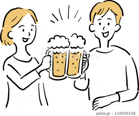 ビールで乾杯する男女のイラスト 128450338