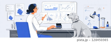 A vet reviews detailed dog DNA test results on a sleek dashboard, with a curious dog nearby in a modern clinic. 128450365