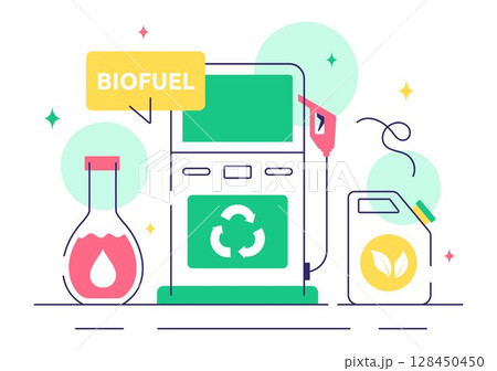Biofuel Vector Illustration Featuring the Life Cycle of Natural Materials and Plants with Green Barrels and Biogas Production Energy in a Background Biofuel Vector Illustration Featuring the Life Cycle of Natural Materials and Plants with Green Barrels and Biogas Production Energy in a Background 128450450