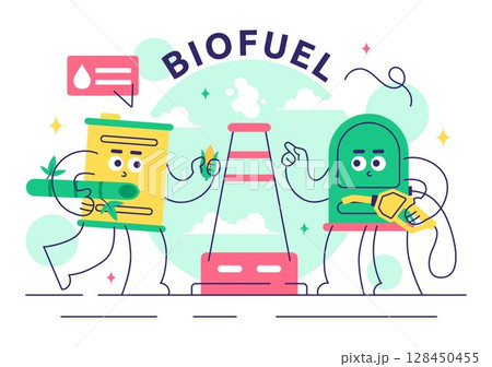 Biofuel Vector Illustration Featuring the Life Cycle of Natural Materials and Plants with Green Barrels and Biogas Production Energy in a Background 128450455