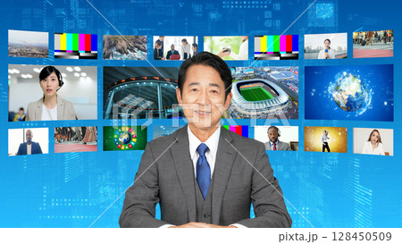 ニュース番組でニュースを報道するアナウンサー 128450509