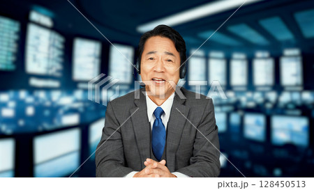 ニュース番組でしゃべるアナウンサー　解説者　コメンテーター 128450513