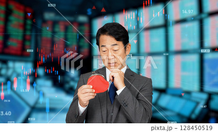 財布を持って考える男性と株式市場イメージ 128450519
