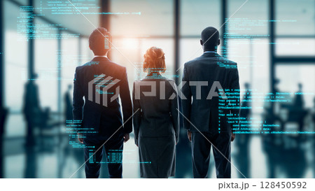 オフィスに立つ多国籍の人々とデジタルデータ 128450592