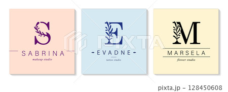Logo S, E, capital letter M. Monogram of Botanical Minimalistic, Initial. with Organic Plant Elements. 128450608