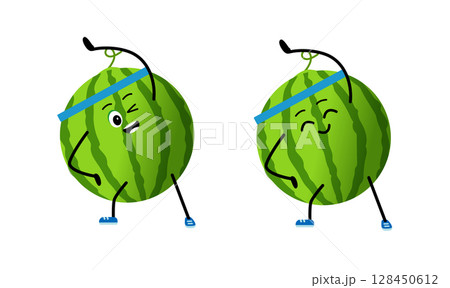 Cute strong watermelon character. Cartoon watermelon gym, health, fitness yoga meditate concept. 128450612