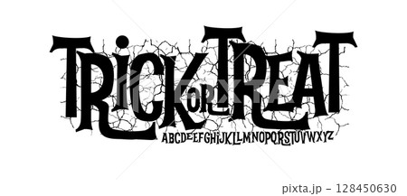 Spooky Halloween Font with Cracked Background and Gothic Letters for Trick or Treat Designs, Scary Lettering, Poster Titles, Party Decor, October Vibes Logo, and Horror Headlines. Vector Illustration. 128450630