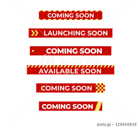 Launching Soon red banner tape collection with arrow and dot accents for new product launch, shop opening, sale campaign, retail alert, announcement message, store promo. Vector illustration set. Launching Soon red banner tape collection with arrow and dot accents for new product launch, shop opening, sale campaign, retail alert, announcement message, store promo. Vector illustration set. 128450639
