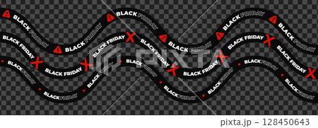 Black Friday tape with warning icons, alert signs, bold text on wavy ribbon. Urgency, danger, clearance promotion for high-impact campaigns. Flat vector illustration. 128450643
