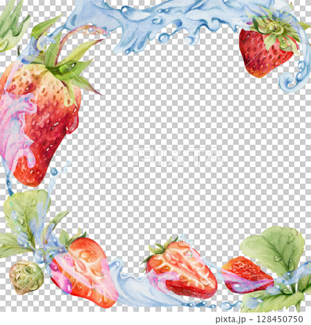 Strawberry berries leaves flying in water splash dew drops, ripe garden pineberry strasberry hand drawn in watercolor. Isolated square border corner frame. Farmers market menu, food drink packaging Strawberry berries leaves flying in water splash dew drops, ripe garden pineberry strasberry hand drawn in watercolor. Isolated square border corner frame. Farmers market menu, food drink packaging 128450750