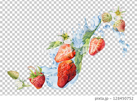Strawberry ripe garden berries flying in water splash leaves flowers, wet moist dew drops, fresh pineberry strasberry snakeberry. Isolated illustration hand drawn in watercolor. Drink, grocery package 128450752